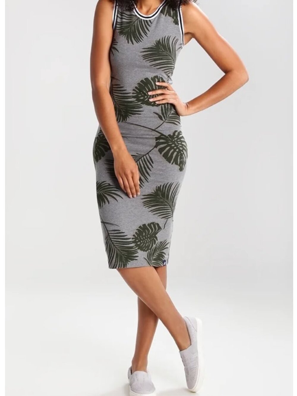 Sleeveless Grey Midi Dress with Olive Leaf Print
